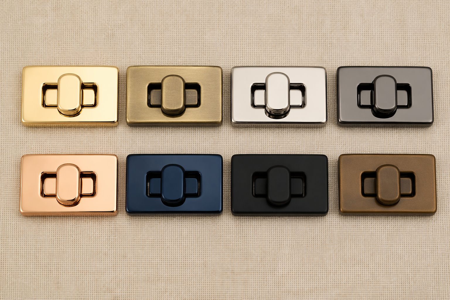 The same MARZO handbag clasp shown in eight plating finishes: light gold, antique brass, polished nickel, gunmetal, rose gold, navy PVD, matte black and bronze